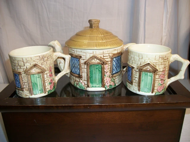 VTG Sylva Ceramics Tea Pot with Matching Cups Hand Painted Staffordshire England