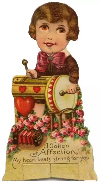 Vtg Valentine Card Mechanical Googly Eye Boy Drum Heart Beats Strong You 1930s