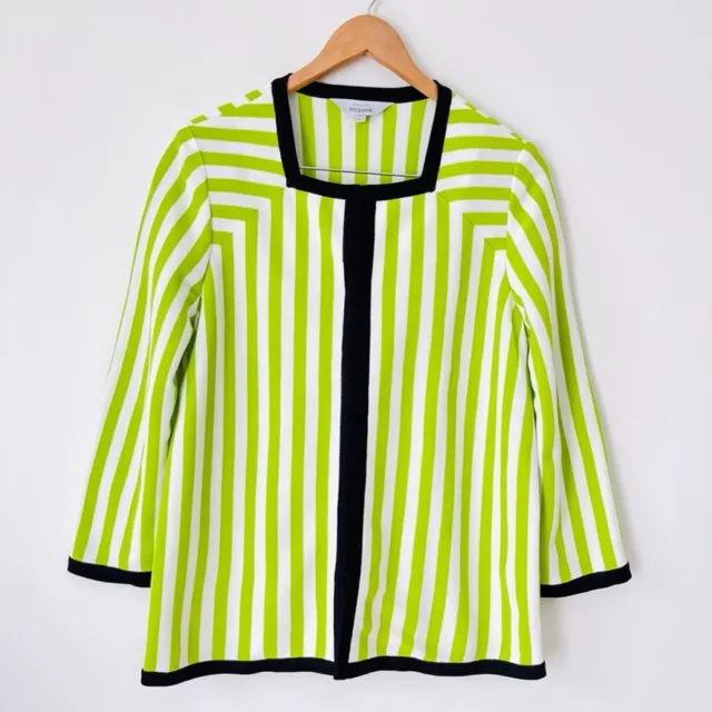 Misook Women Green White Striped Square Neck Black Trim Knit Cardigan Jacket L