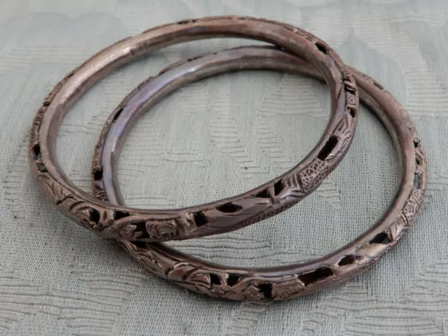 A Pair of Antique Chinese Silver Bangles, unusual dragon design, from an estate