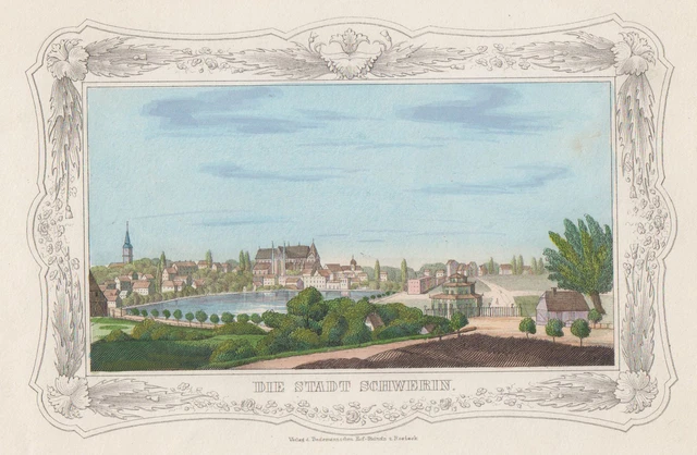 Schwerin Vista General Original Colorido Litografía Tiedemann 1845