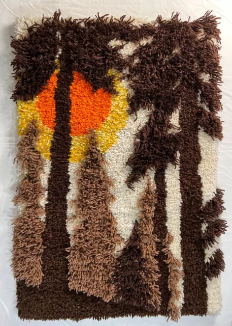 Vintage Assembled MCM/Retro Forest Sunset Latch Hook Shag Rug