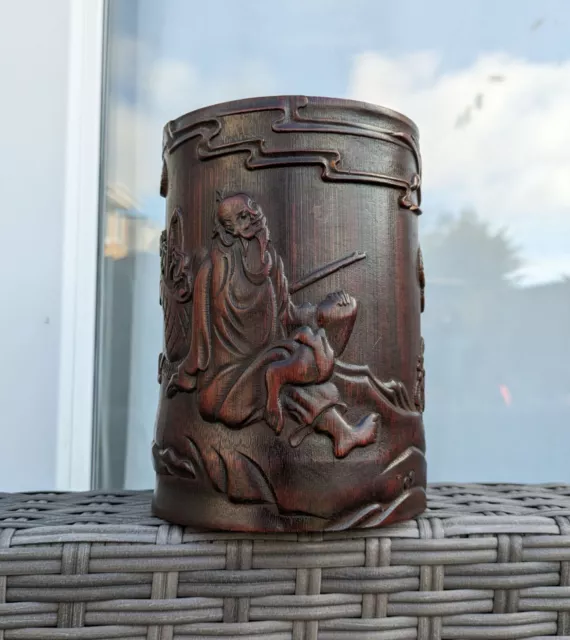 a Fine Chinese Carved Bamboo Scholars Brush Pot well carved Wood