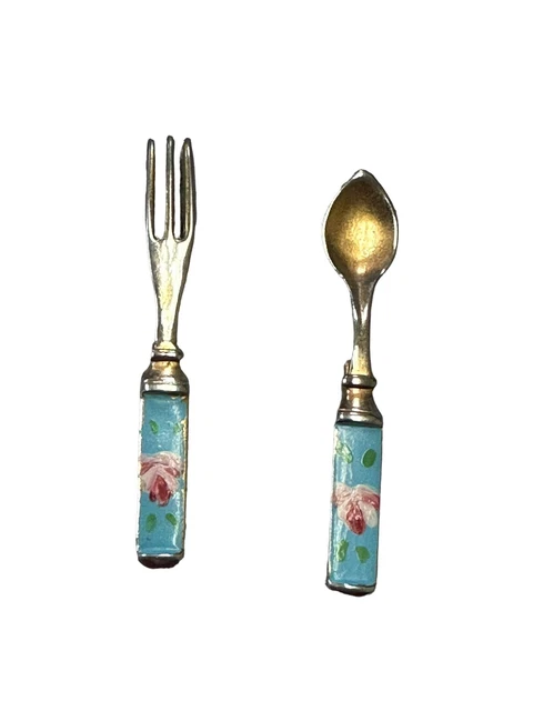 Vintage Fork And Spoon Set Pin Brooch Floral Handle Enamel