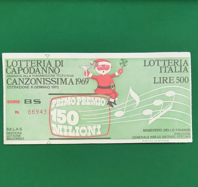 Biglietto Lotteria di Capodanno 1969 Serie BS Numero 66943