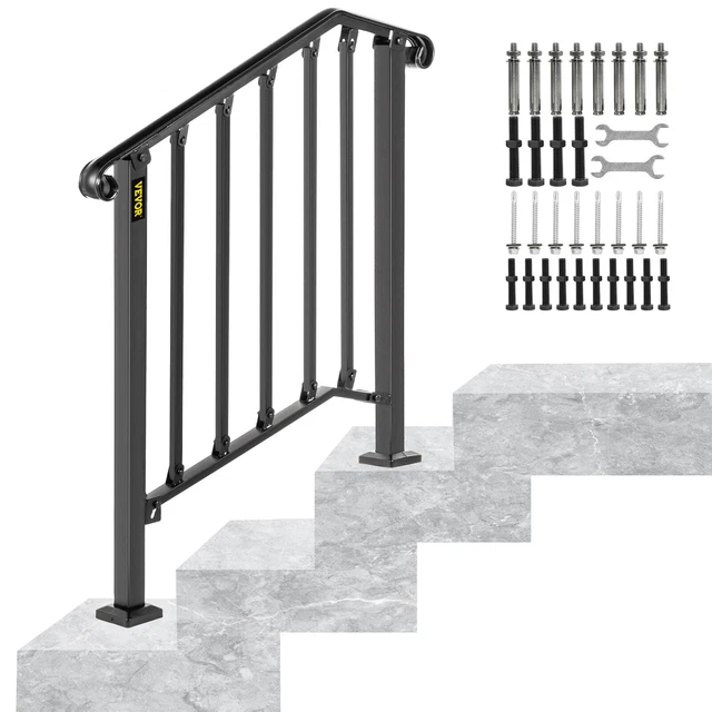 Lot De 2 Garde-corps D'escalier En Fer Forgé – Main Courante Extérieure 6 Marches – Noir, Inclinaison 45°