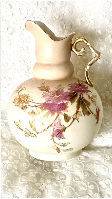 Austrian Porcelain Bisque Pitcher Ewer Yellow Red Gold Gilded Hand Painted