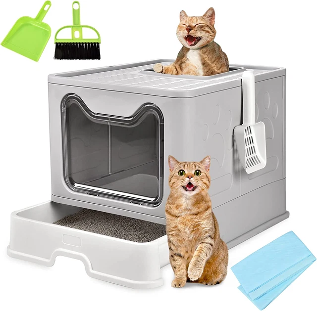 Foldable Cat Litter Box, Extra Large Front Entry Top Exit Box with Lid, Drawer T