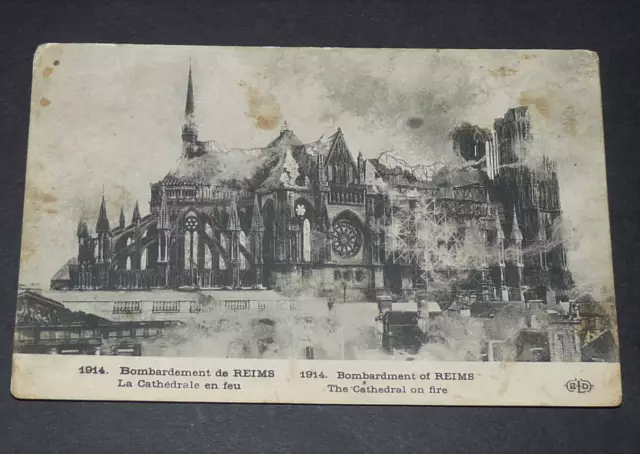 Cpa Carte Postale Guerre 14-18 1914 Reims Marne Cathedrale En Feu Bombardement