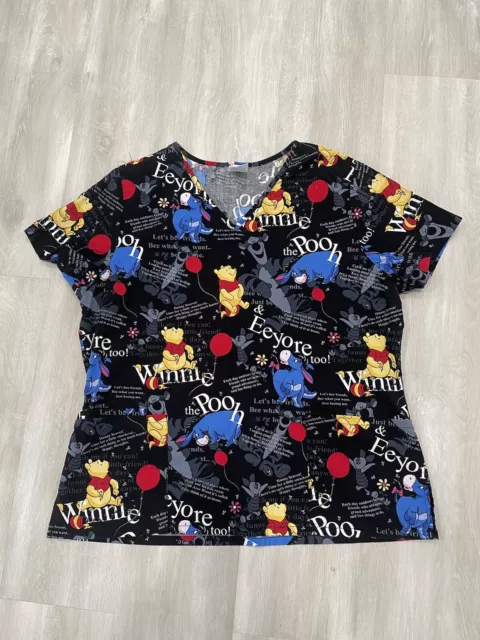Disney Scrub Shirt Top Women Large Black Short Sleeve V Neck Winnie The Pooh