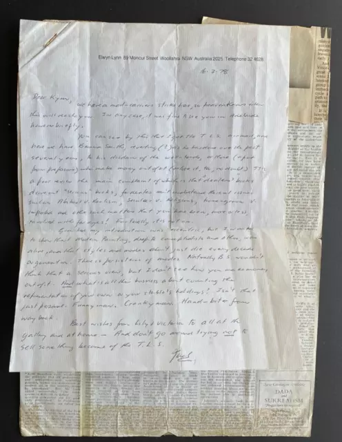 1978 Hand Written Letter By Elwyn Lynn, Free Post Aust