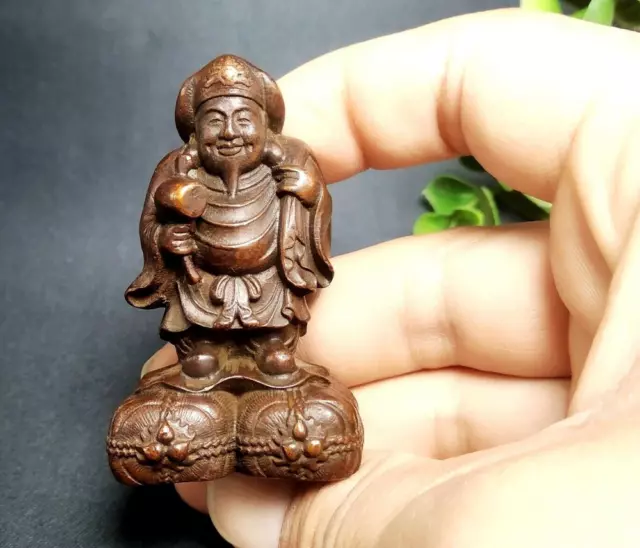 2.3" Solid Brass Japanese DAIKOKUTEN Statue Lucky God Sculpture Home Decor