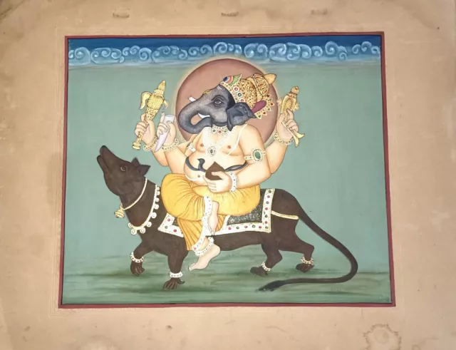 Lord Ganesha Religious Painting Handmade Ancient Miniature Painting On Old Paper