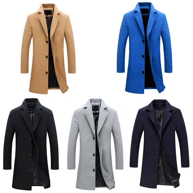 Mens Winter Long Trench Coat Overcoat Button Up Pea Coat Jacket Casual Outwear