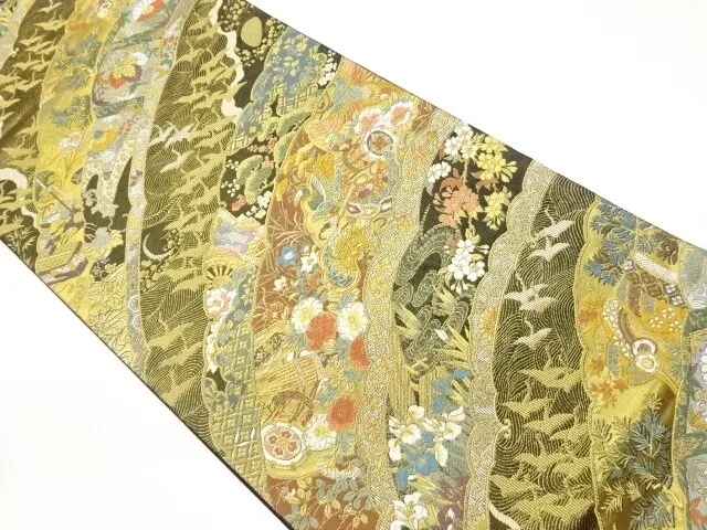 6203379: Japanese Kimono / Vintage Fukuro Obi / Gold Foil / Woven Flower & Birds