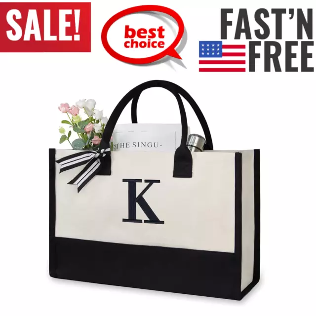 Personalized Initial Canvas Beach Bag Monogrammed Gift Tote Bag For Most Women