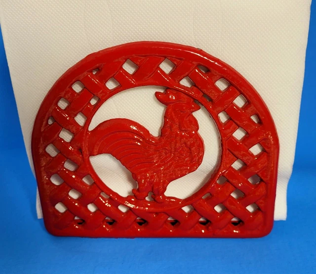 Napkin Holder Farmhouse Kitchen Decor Red Rooster Cast Iron Painted