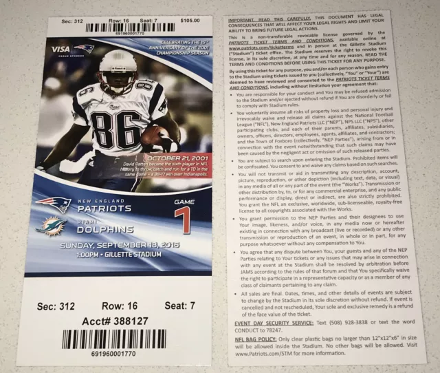 9/18/16 Miami Dolphins New England Patriots Ticket Stub Jimmy Garoppolo 3x TD's 2