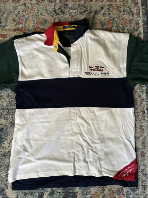 TOMMY HILFIGER VTG Sailing Gear Flag Colorblock Polo Shirt Size Large ...