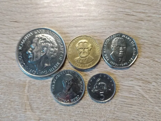 Jamaica set of 5 coins 5+1 dollar 25+10+5 cents  1990-1993