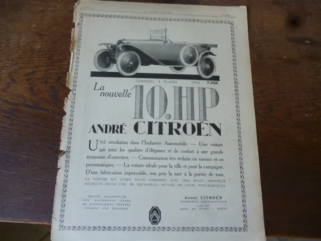 CITROEN 10 HP torpédo 152 + parfum RAMSES publicité papier MONDE ILLUSTRE 1919