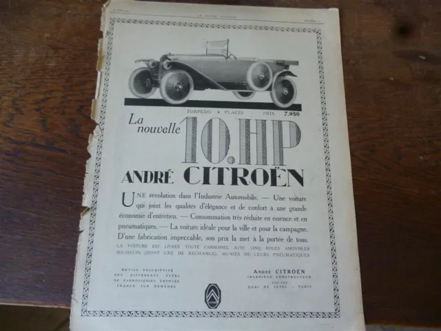 CITROEN 10 HP torpédo 152 + parfum RAMSES publicité papier MONDE ILLUSTRE 1919
