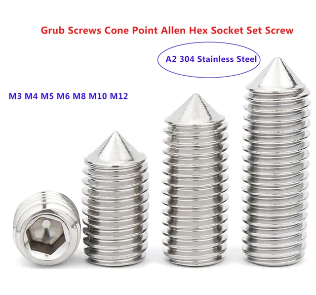 M3/4/5/6/8/10/12 Cone Point Grub Screws Allen Hex Socket Set Screw, A2 Stainless