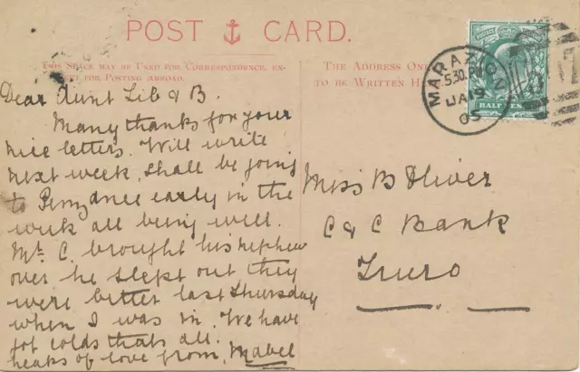 GB 1905 King Edward 1/2d bluegreen VF pc Duplex Postmark  MARAZION / 507 VARIETY