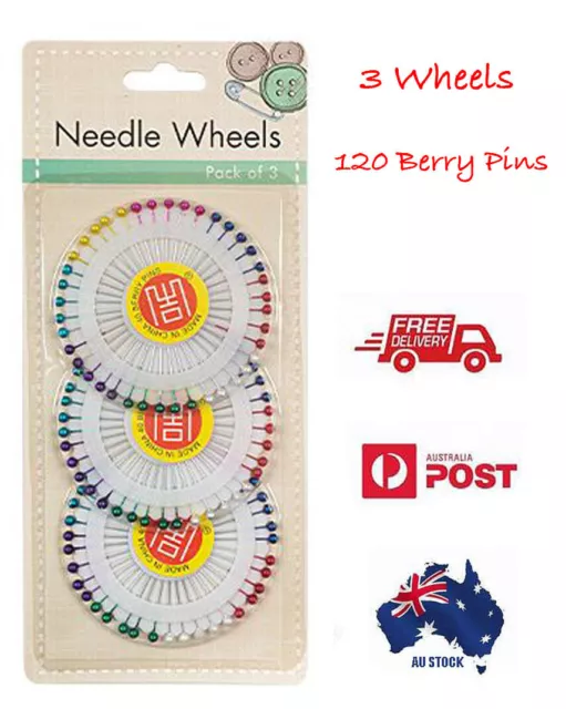 3pk Needle Wheel 120 Plastic Head Berry Pins Assorted Colours Sewing Craft Pin