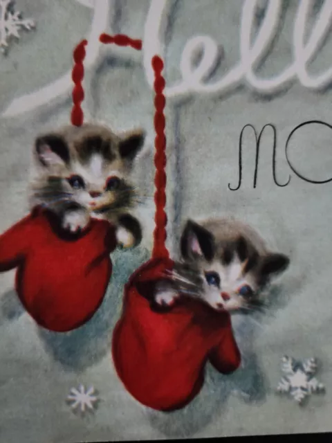 Vtg Rust Craft Christmas Greeting Card Marjorie Cooper Kittens In Mittens HELLO!