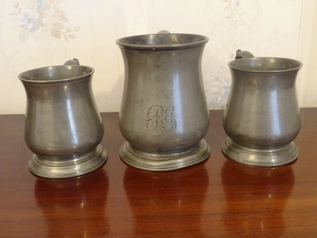 Antique Vintage Pewter Pint Mug Tankard & Two 1/2 Pint Mugs, Barware 3