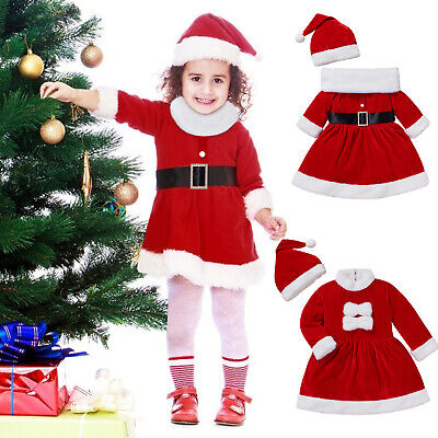 Toddler Kids Baby Girls Christmas Fleeced Party Princess Dress+Hat Outfits Set