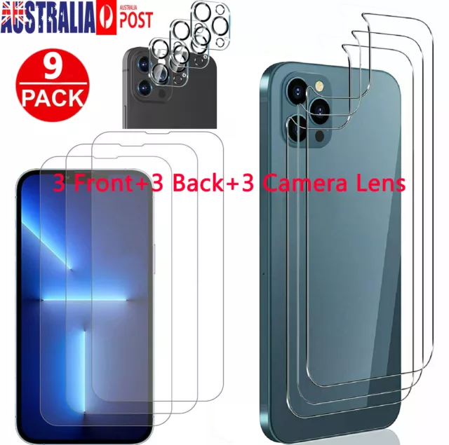 9X Tempered Glass Front+Back+Camera Screen Protector iPhone 15 14 13 12 Pro Max