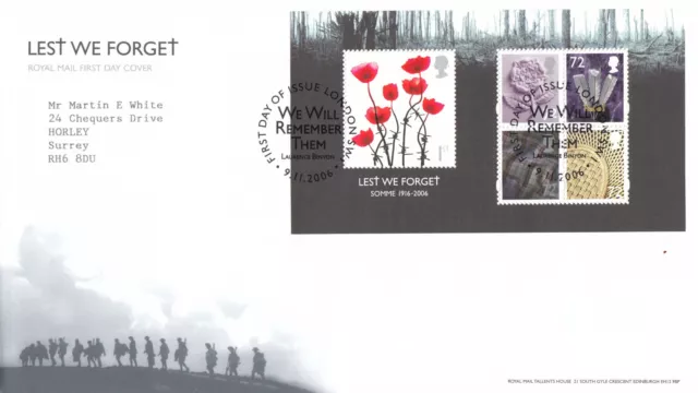 (130005) CLEARANCE Lest We Forget minisheet GB RM FDC London SW1 2006