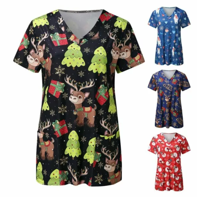 Women Merry Christmas Print Medical Tops Nursing Uniform Scrub Blouse Deer Shirt