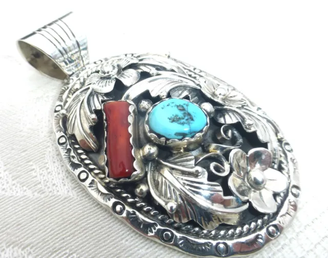 Lrg Lee Thompson Navajo Sterling Silver Turquoise Coral Pendant Native American