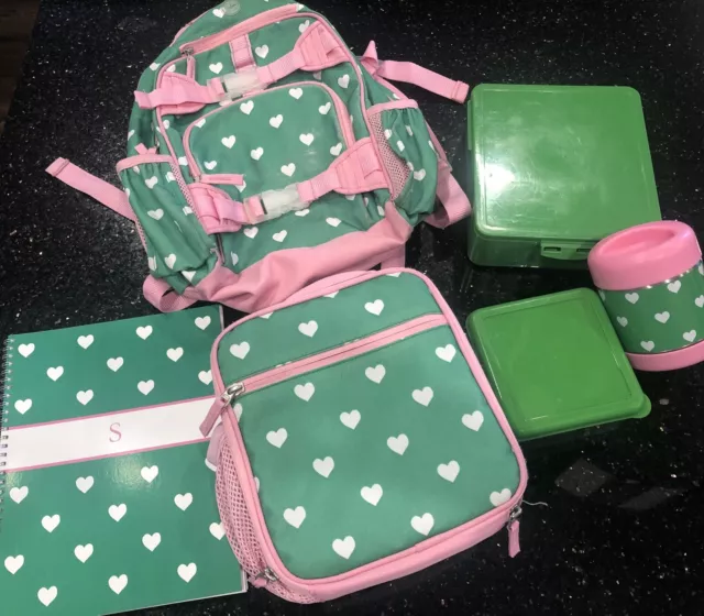 Pottery Barn Kids Mackenzie Pink Green Heart Small Backpack Lunchbox Hot Cold