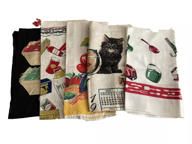 Lot 5 Vintage Kitchen Tea Towels - Some Rare w/ Tags EXC