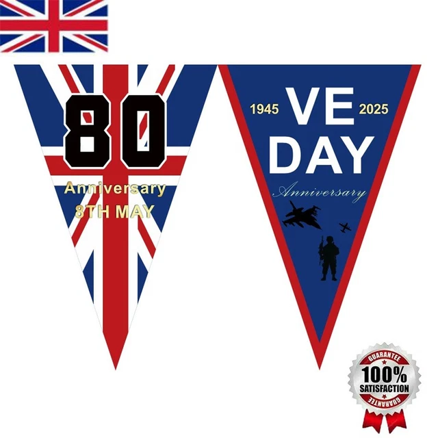 thumbnail image 2 of VE Day 80 Years Celebration Union Jack Bunting - WWII Victory In Europe, Handmade Cardboard Banner, Multicoloured 2 of 5