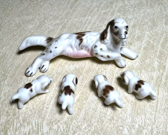 Springer Spaniel Dog & Puppies Miniature Vintage Bone China Figurines Japan