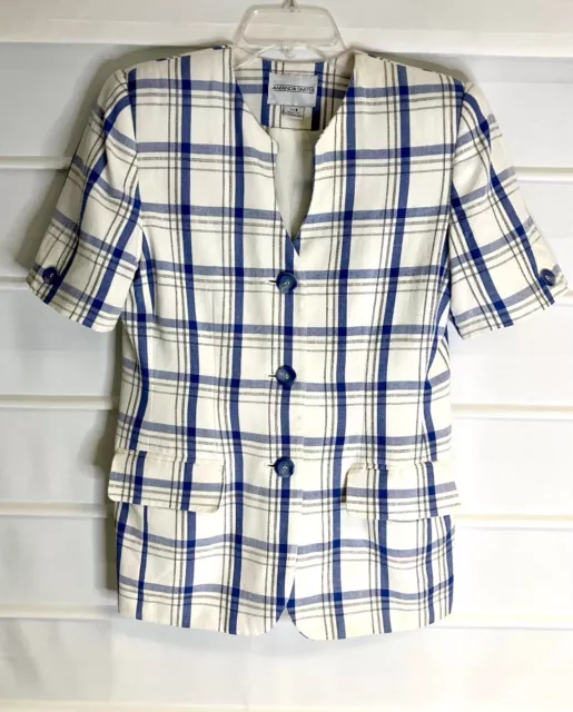 Amanda Smith Blue & Beige Linen Blend Plaid SS Fully Lined Blazer Size 8 EC!!