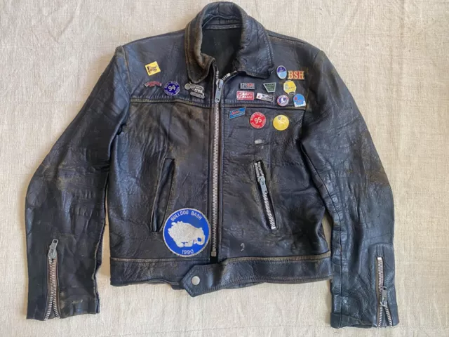 VINTAGE 1970S ENGLISH Thrashed Black Leather Biker Jacket. Lewis ...