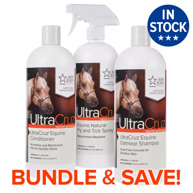 UltraCruz Oatmeal Horse Shampoo, Conditioner and Fly & Tick Spray Bundle 32oz Ea