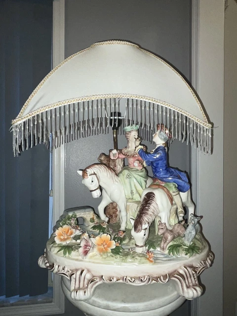 Very Large Rare Capodimonte 2 Horse Lamp With Original Shade Early 1900’s