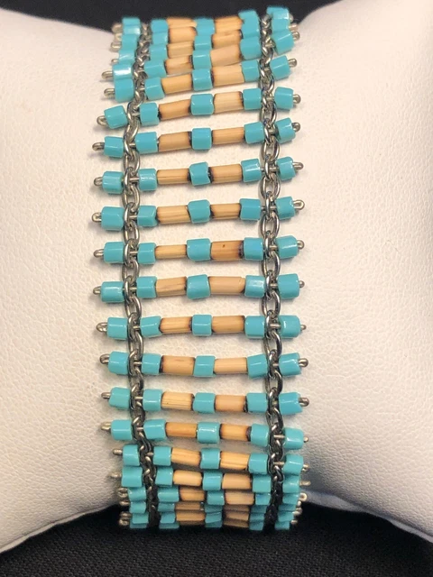 Bracelet Bohemian Shades Of Blue Woven Seed Bead Bamboo Bracelet 7-8”