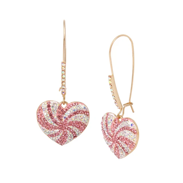 New Betsey Johnson Peppermint Pink & White Glitter Heart Dangle Earrings Nwt