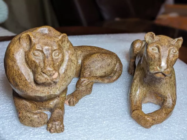 Vintage Clay Hand Sculpted Lion And Lioness Figurines