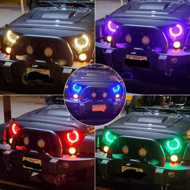 Pair 7'' Round LED Headlights RGB Halo DRL Head lamp For Jeep Wrangler JK JKU TJ 2