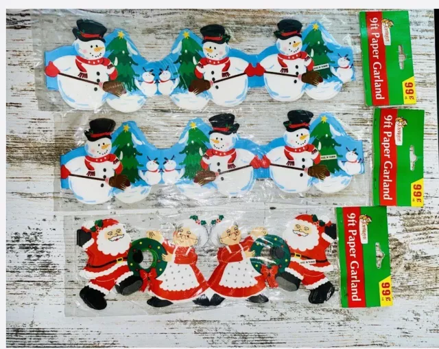 Vintage Joy Bright Christmas Paper Garland Santa Mrs Claus Snowman 27 Ft Lot 3