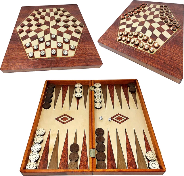 3-IN-1 BACKGAMMON Schachspiel und Dame für 3 Personen aus Holz 35x35 cm EUR 24,95 - DE